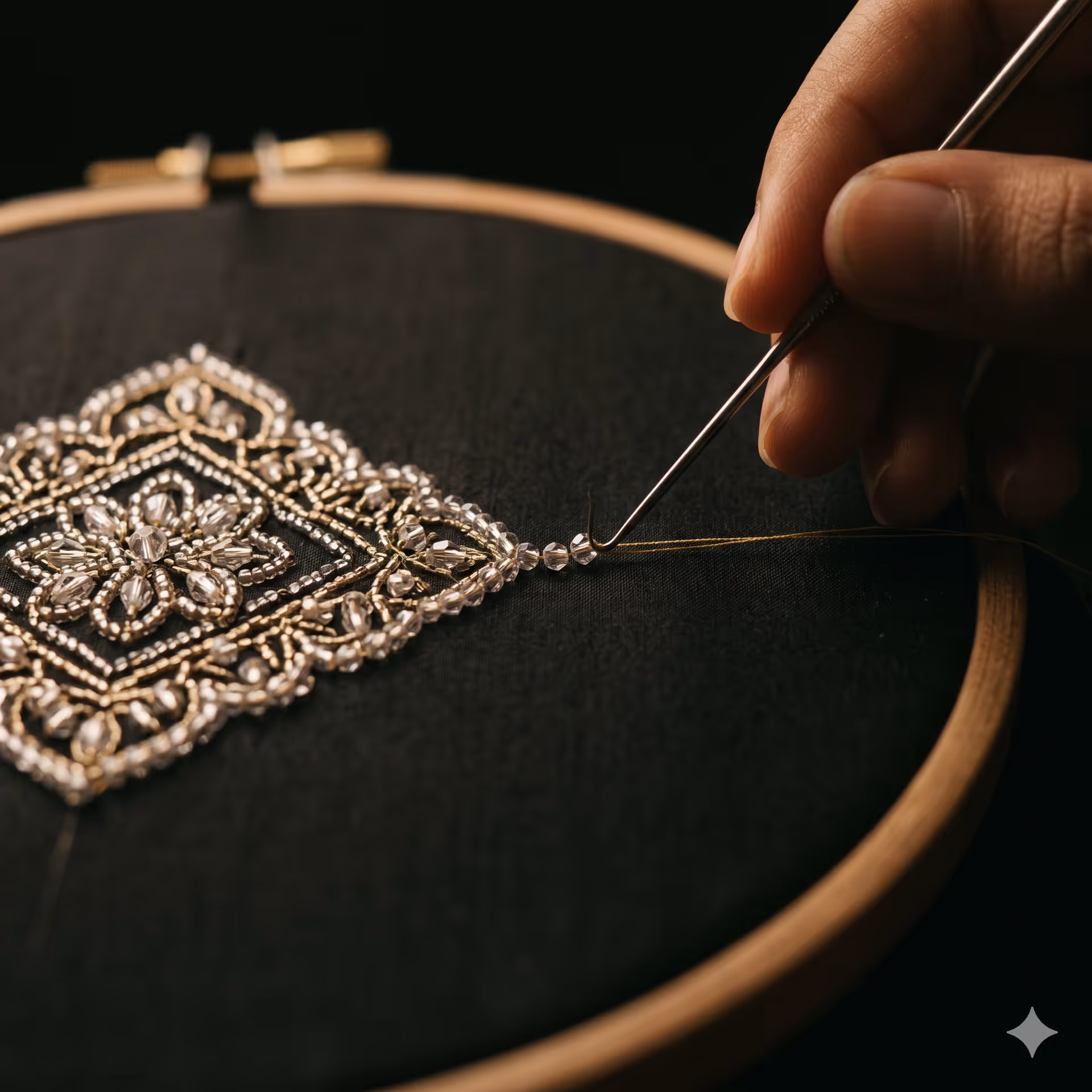 Mughal beadwork being threaded onto a silk embroidery hoop