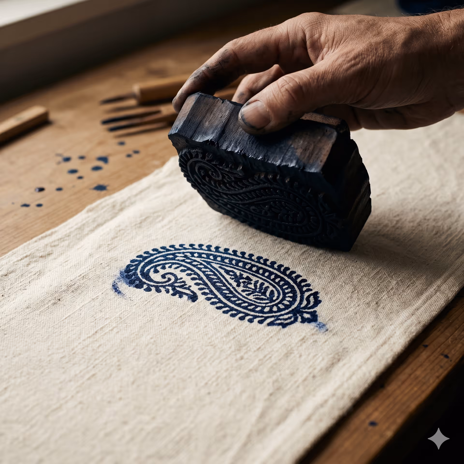 Artisan hand-pressing an indigo block print onto cotton cloth
