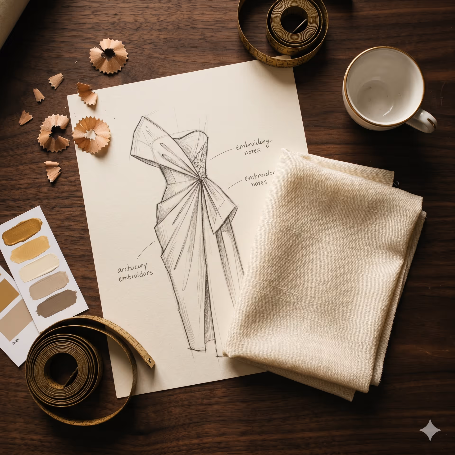 A designer's sketch transitioning to a fabric swatch in the atelier