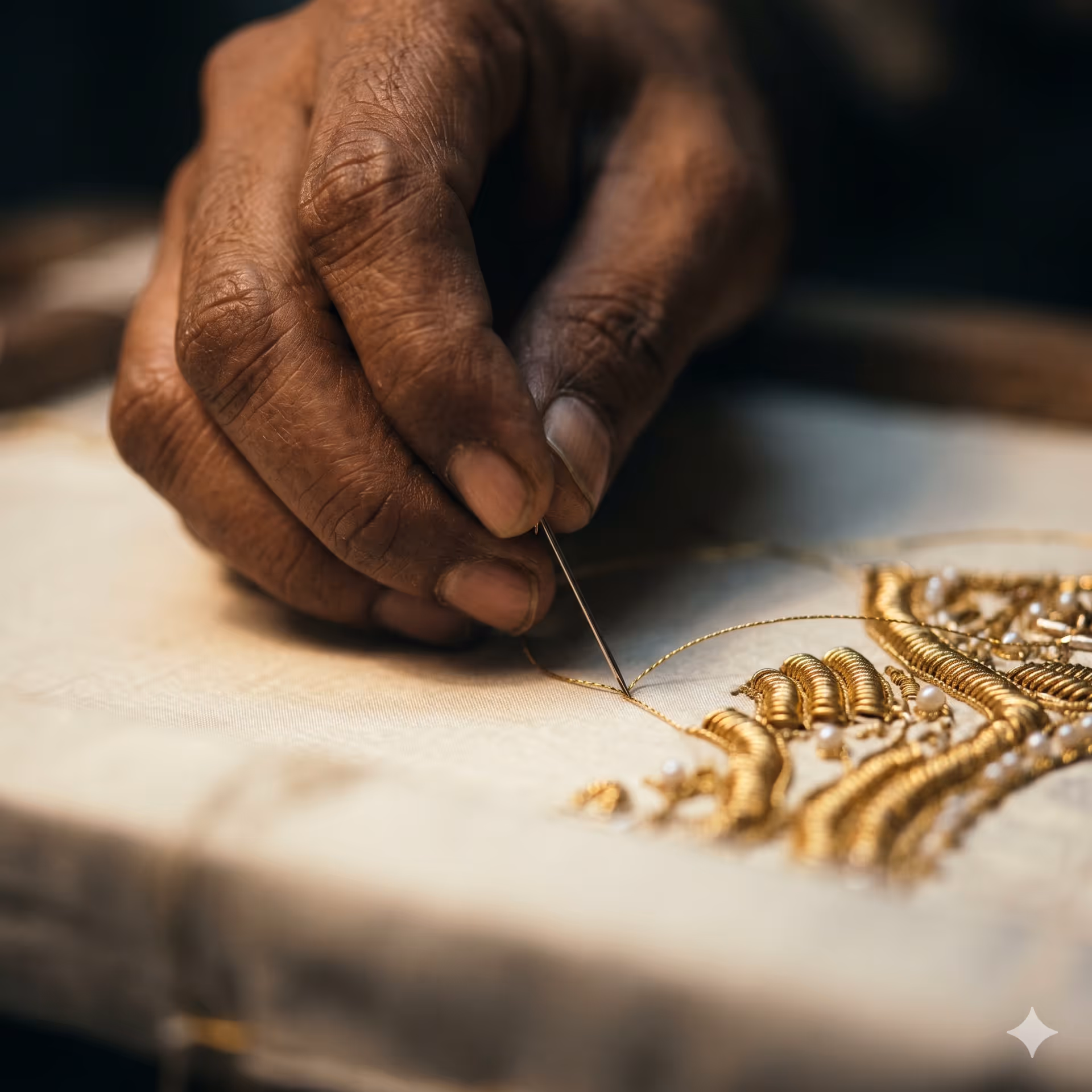 Close-up of zardozi gold thread coil being hand-stitched onto fabric