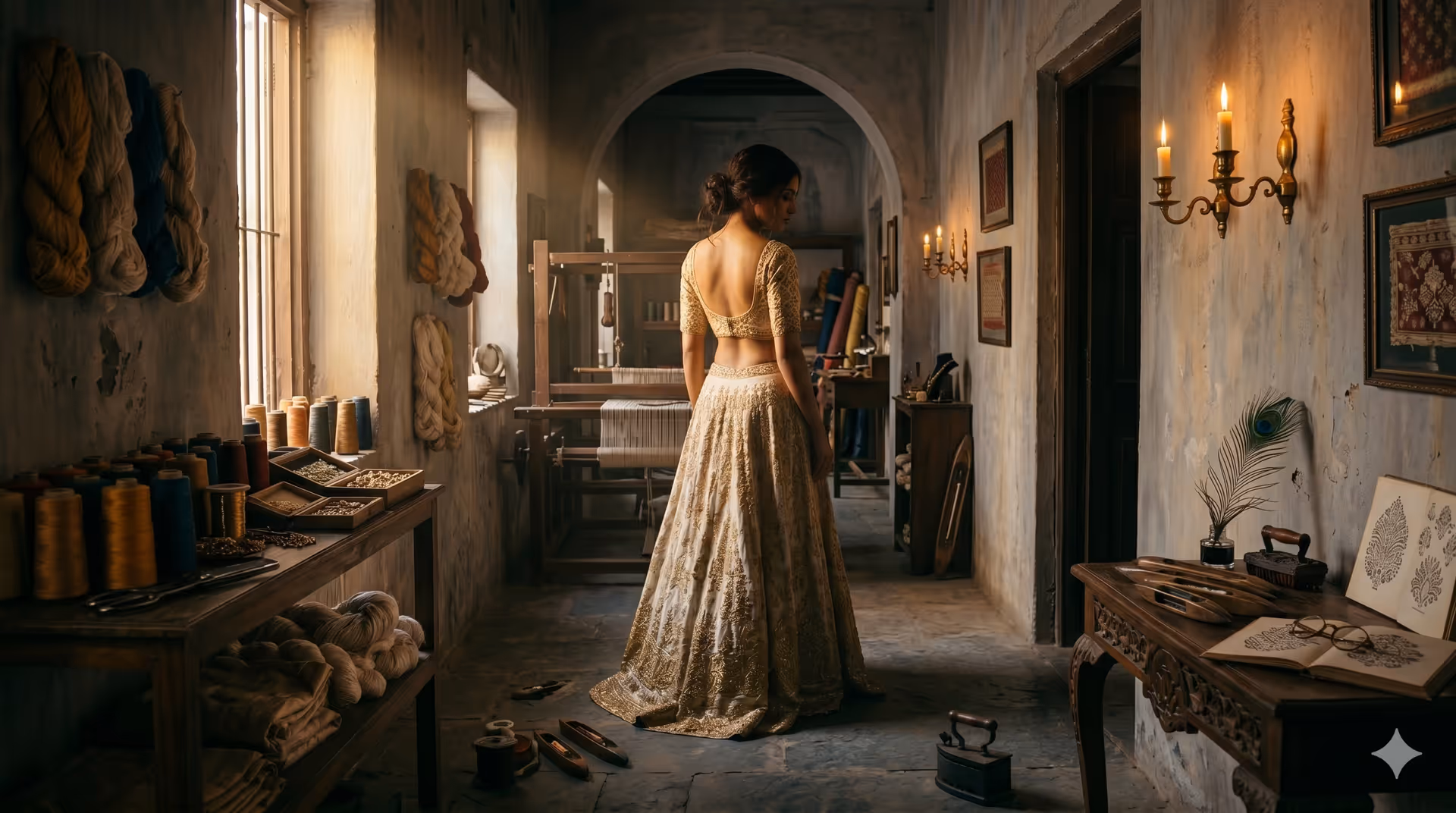 Fashion Shades atelier — hand-crafted couture draped on a mannequin in soft studio light